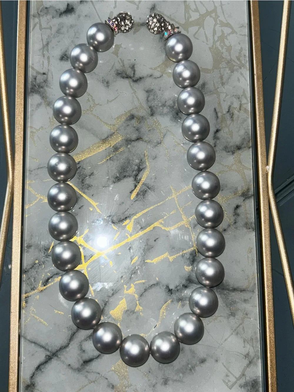 Classic Silver Pearl Necklace Crystal Rhinestone Clasp Vintage Large